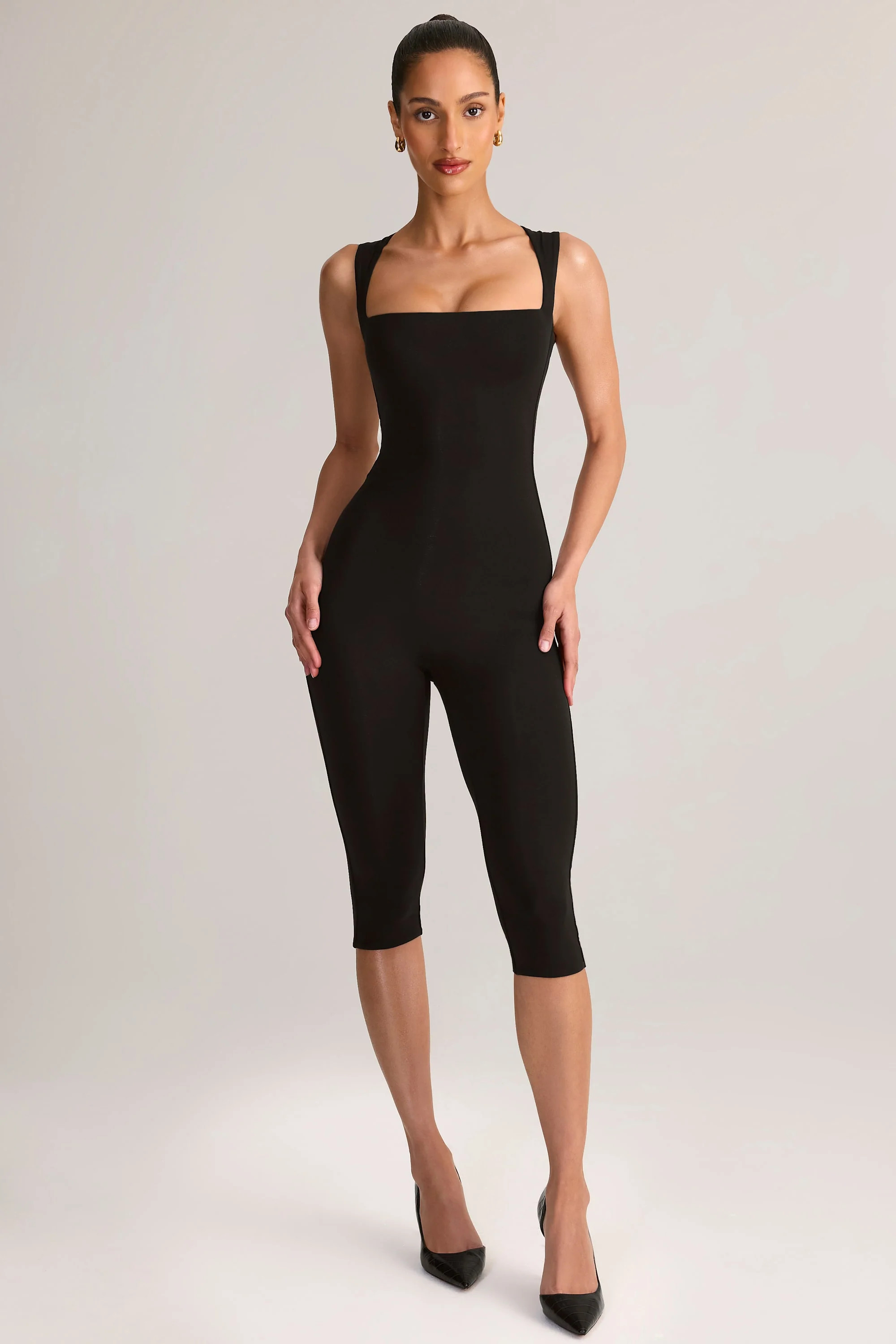 Modal Square-Neck Bodycon Capri Jumpsuit in Black | Oh Polly