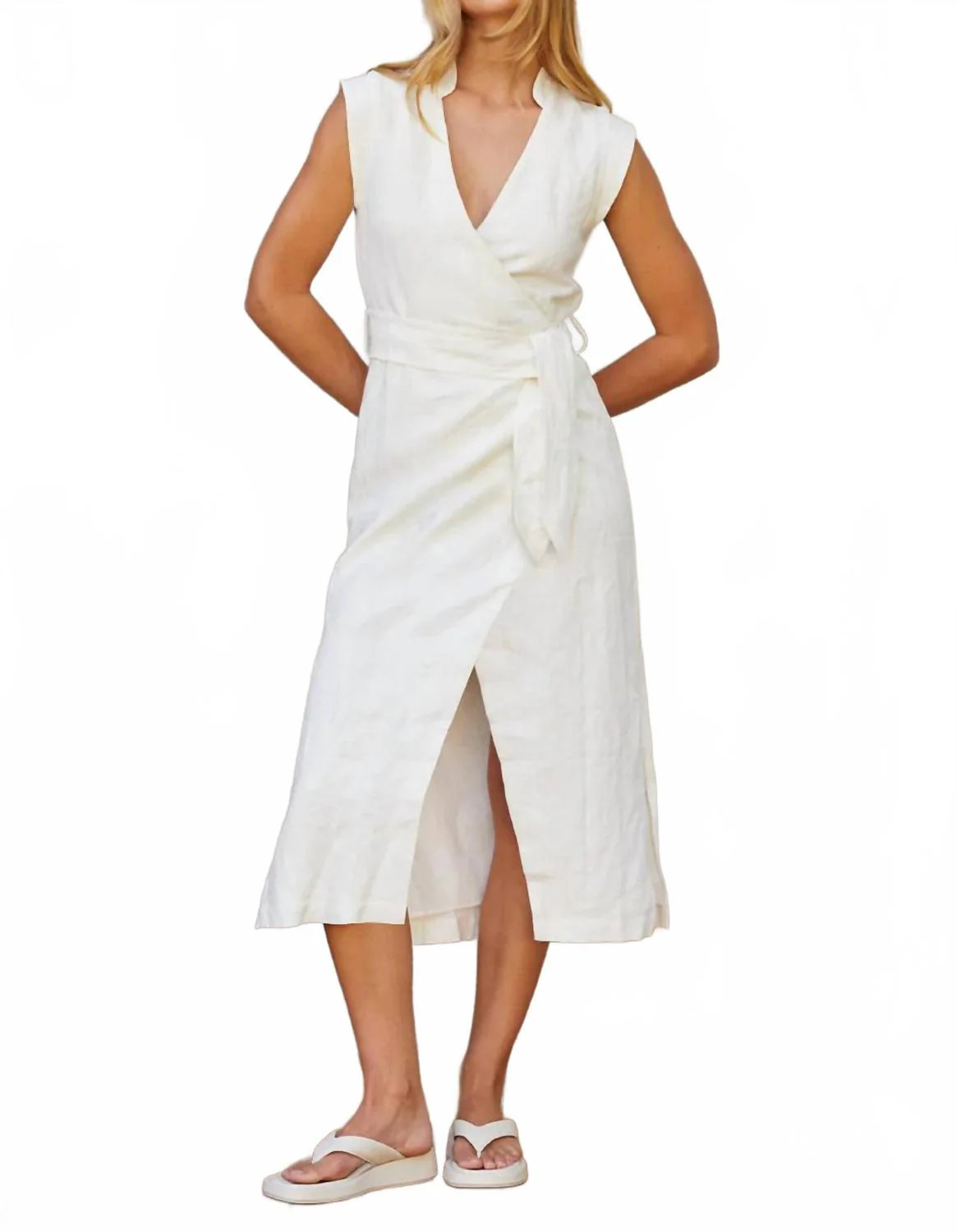 Lelina Wrap Linen Midi Dress In White | Shop Simon