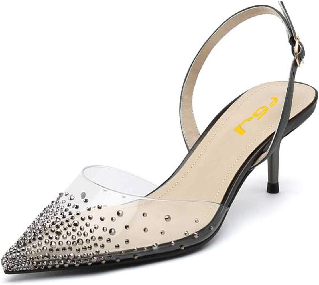 FSJ Women Crystal Studded Clear Pumps Sparkle Rhinestones Mid Low Heel Sandals Slingback D'orsay ... | Amazon (US)