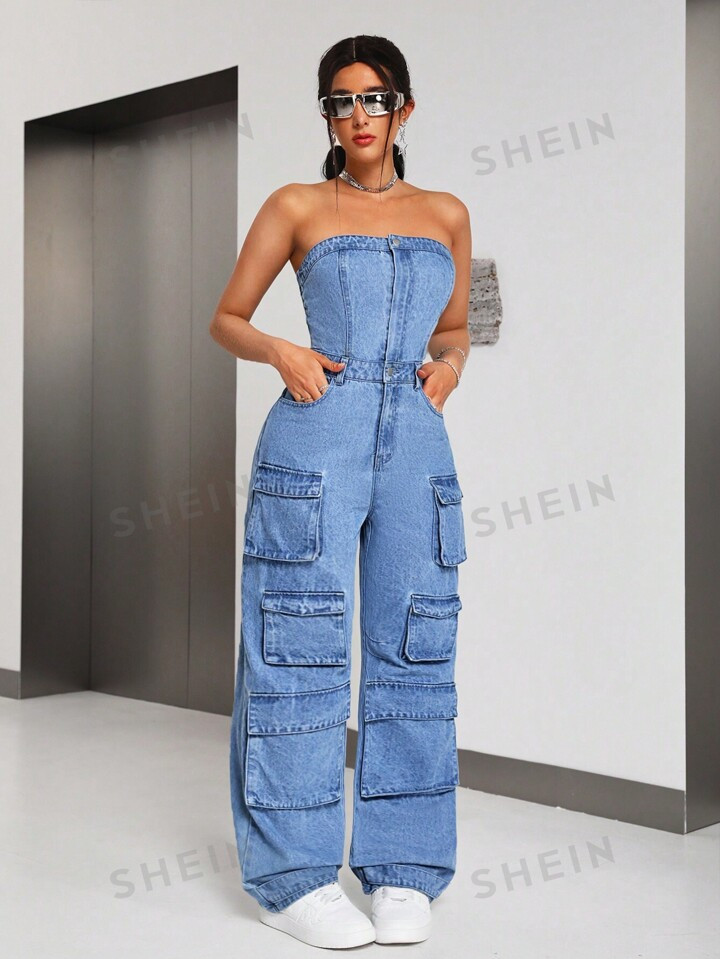 SHEIN ICON Women's Cargo Denim Jumpsuit With Pinafore | SHEIN