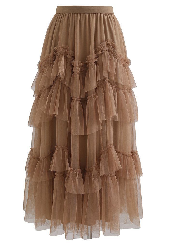 Exquisite Tiered Ruffle Mesh Tulle Skirt in Caramel | Chicwish