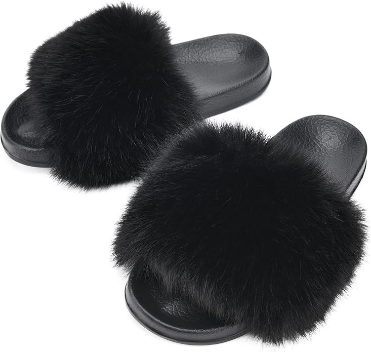 DL Womens-Fur-Fuzzy-Slides-Slippers Open Toe, Cozy Fluffy Bedroom Summer Slippers for Women Non-S... | Amazon (US)
