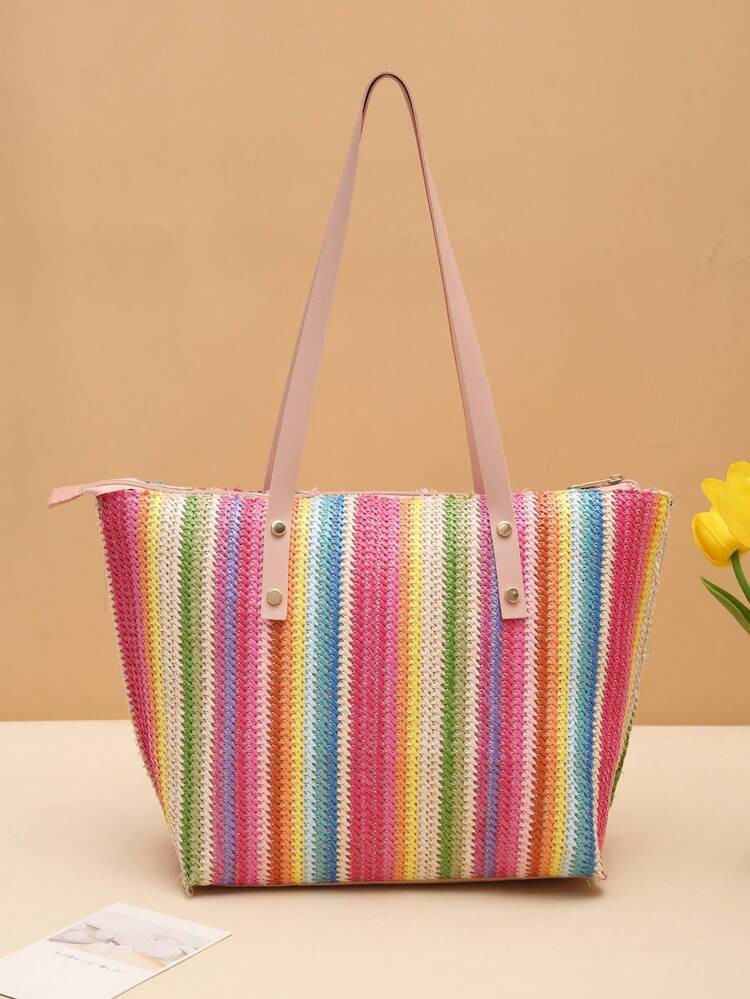Striped Pattern Straw Bag Colorblock Double Handle Fashionable For Vacation
       
             ... | SHEIN