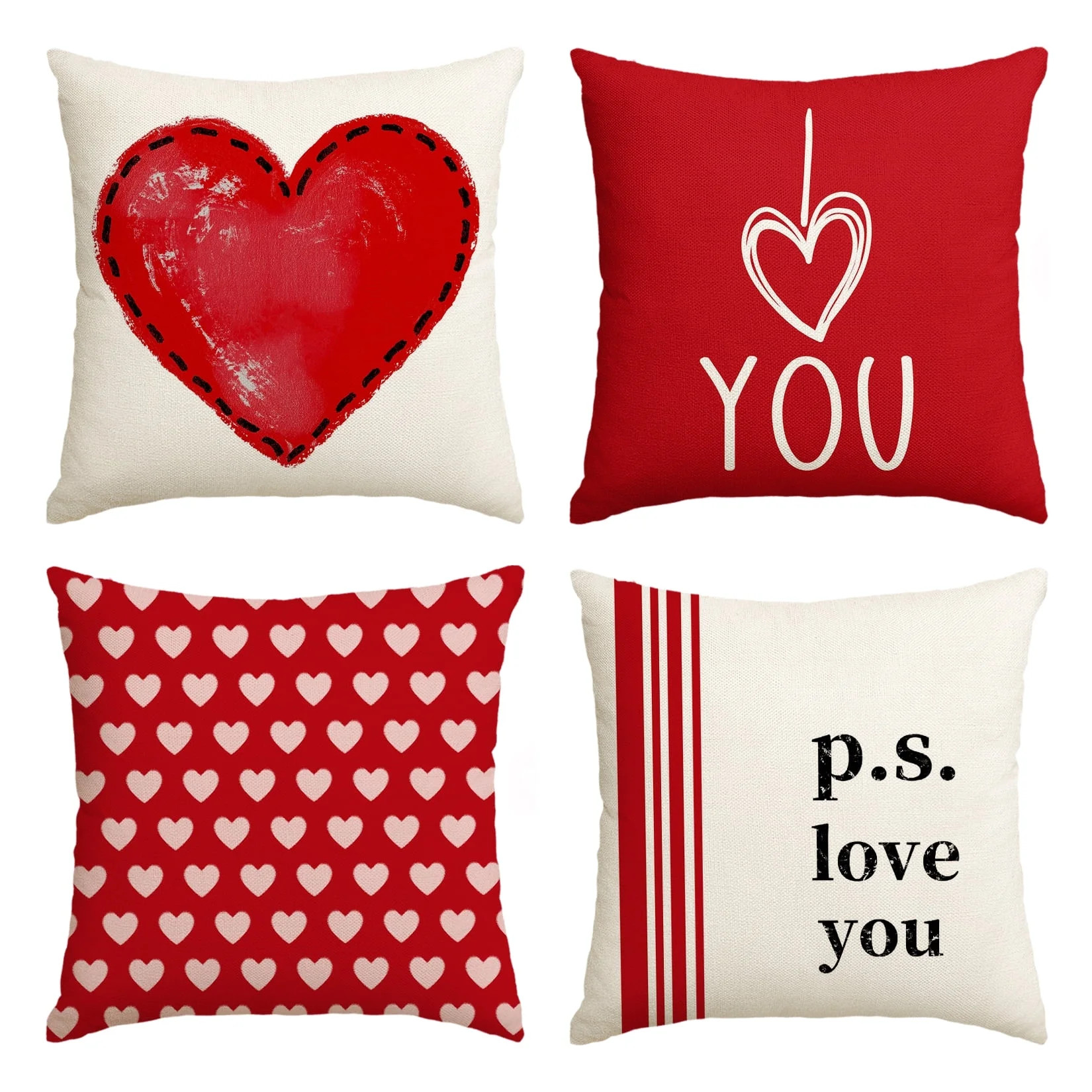 Sm:)e I Love You Valentine Throw Pillow Covers Red Set of 4, 18 x 18 Inch Heart Stripes p.s. Love... | Walmart (US)