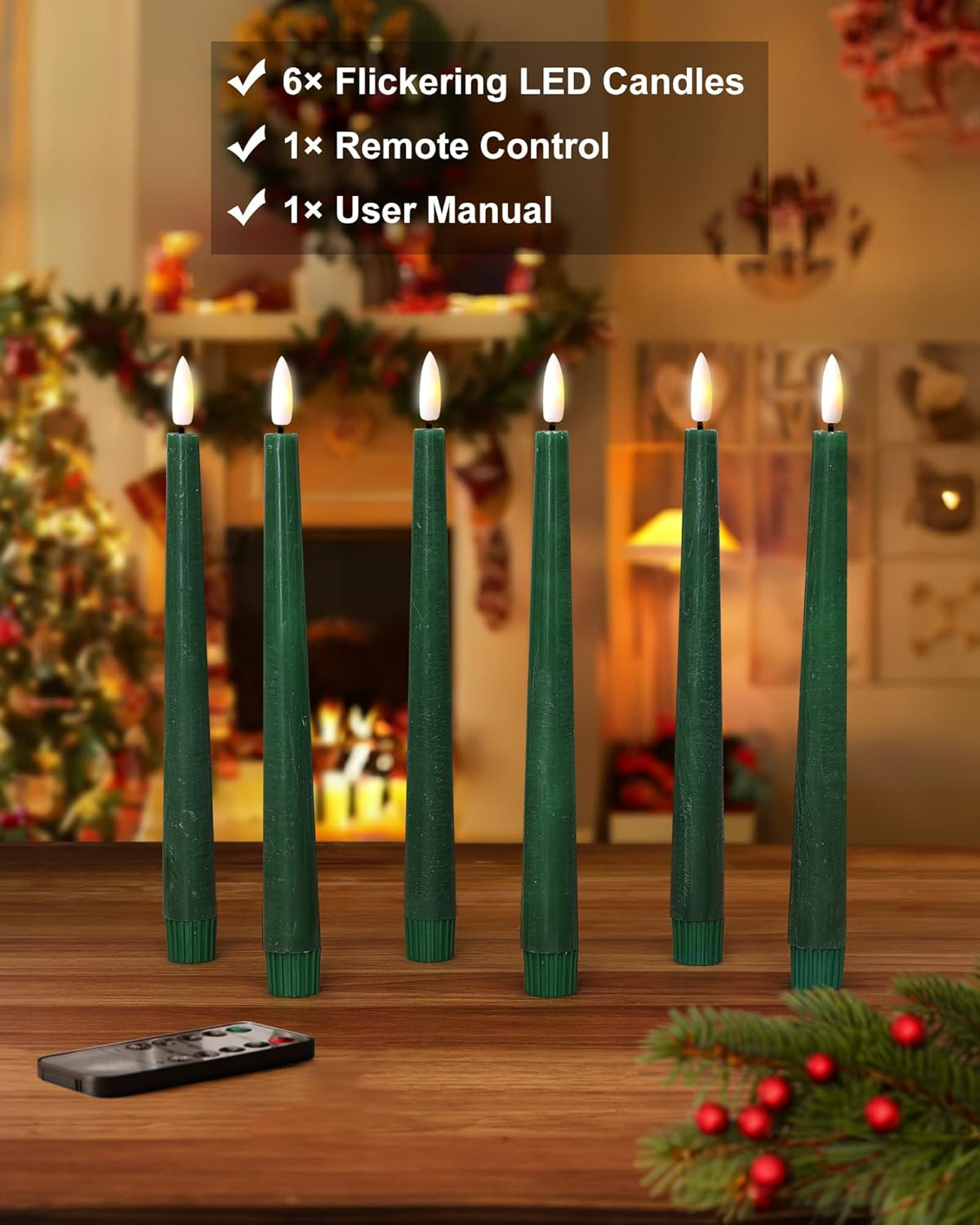 Green Flameless Taper Candles with Remote and Timer, 9.65 Inch Real Wax LED Candlesticks, Driples... | Amazon (US)