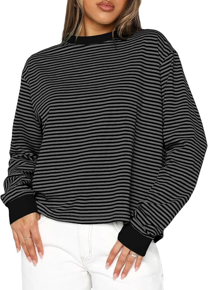 Cioatin Women Oversized Long Sleeve Striped Colorblock Tee Tops Crew Neck Loose Tshirt Pullover Y... | Amazon (US)