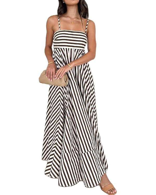 KMBANGI Women Striped Sleeveless Maxi Dress Swing Patchwork Midi Dress Smocked Spaghetti Strap Co... | Amazon (US)