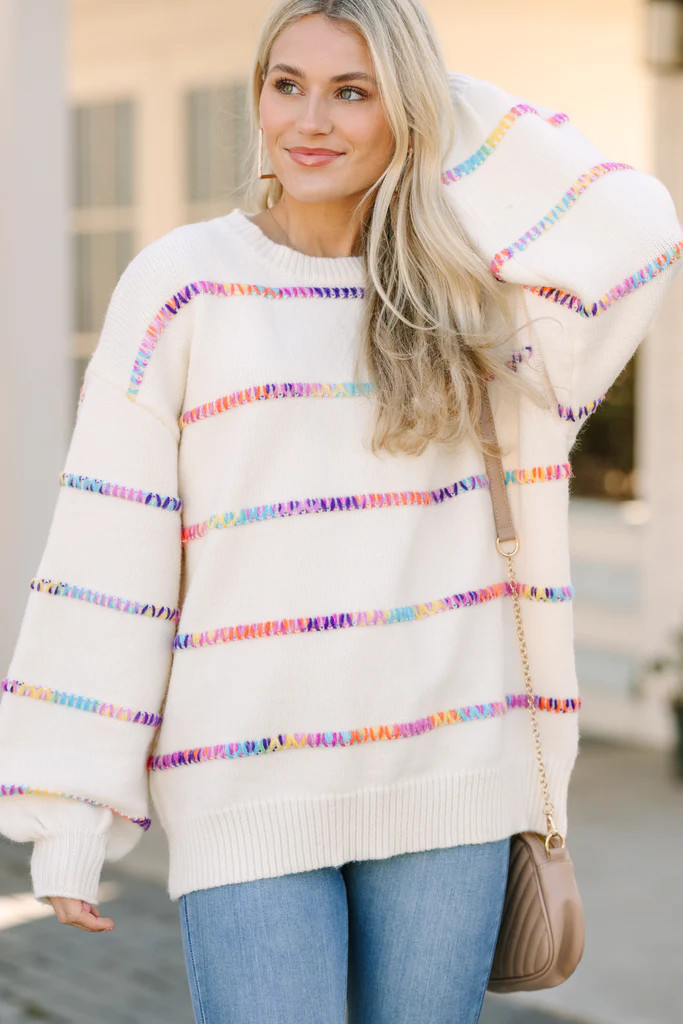Stuck On You Cream White Rainbow Stitched Sweater | The Mint Julep Boutique