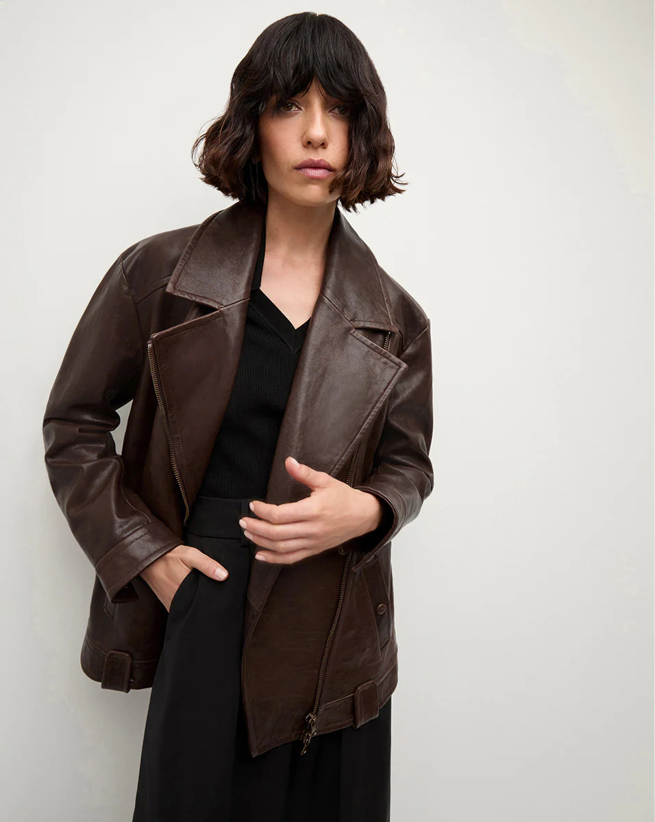 Thandie Leather Dickey Jacket in Dark Brown | Veronica Beard | Veronica Beard