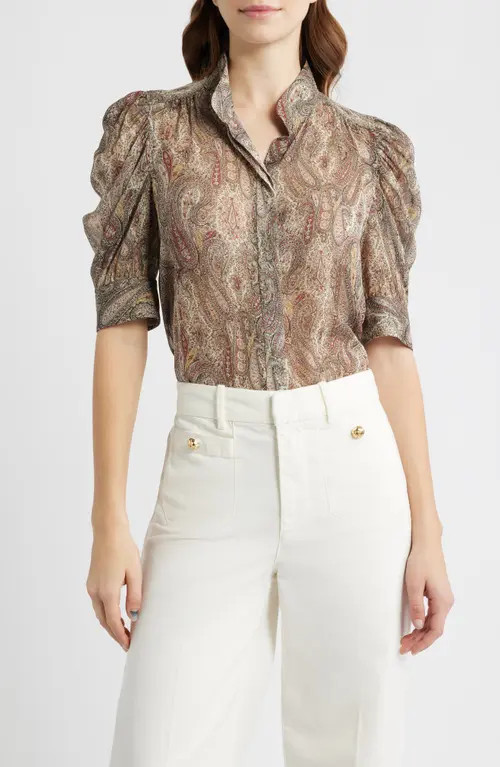 FRAME The Gillian Paisley Puff Sleeve Silk Shirt in Ecru Multi at Nordstrom, Size Large | Nordstrom
