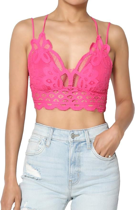 TheMogan Cross Strap & Stretchy Smocked Back Crochet Lace Bralette Pad Bra Top | Amazon (US)