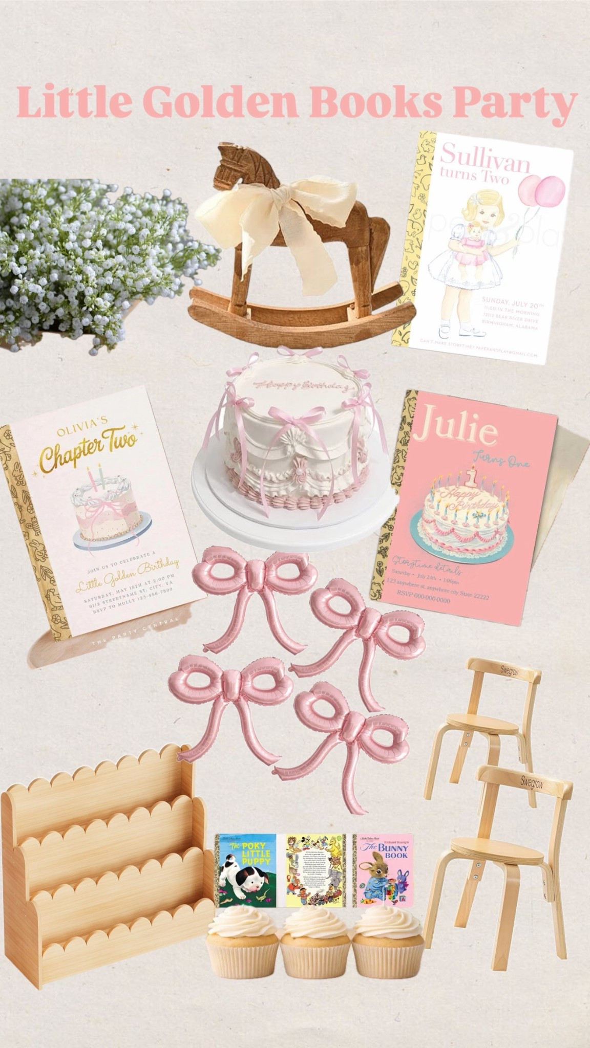 Little golden books party
Little girl birthday
First birthday
Toddler girl party
Baby girl party
Decor
Party decor
Flowers
Rocking horse
Bow balloons
Table and chairs
Book shelf
Invitations
Girly
Pink 

#LTKKids #LTKBaby