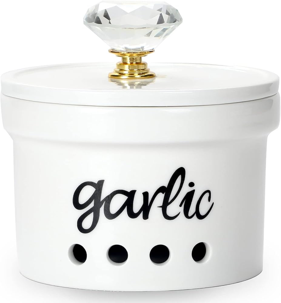 HAOTOP Garlic Keeper with Crystal Lid, 12.5 oz Ceramic Garlic Saver Container for Countertop, Far... | Amazon (US)