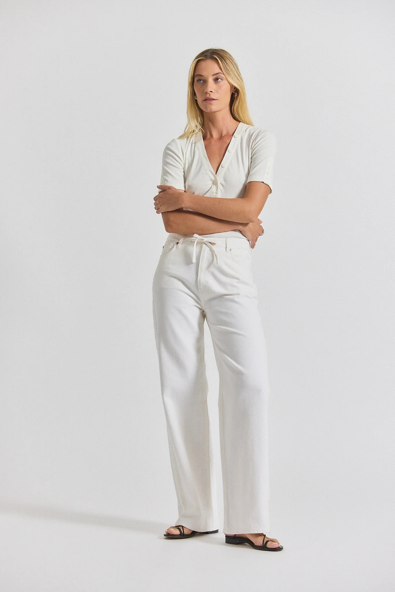 Dunn Denim Wide Leg Jean With Crochet Trim - Ecru | Derek Lam