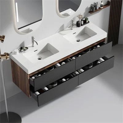 Walnut Wall-Mounted Floating Bathroom Vanity With Glossy White Sink And Soft Black Drawers, Ideal For Modern Bathrooms | Wayfair North America