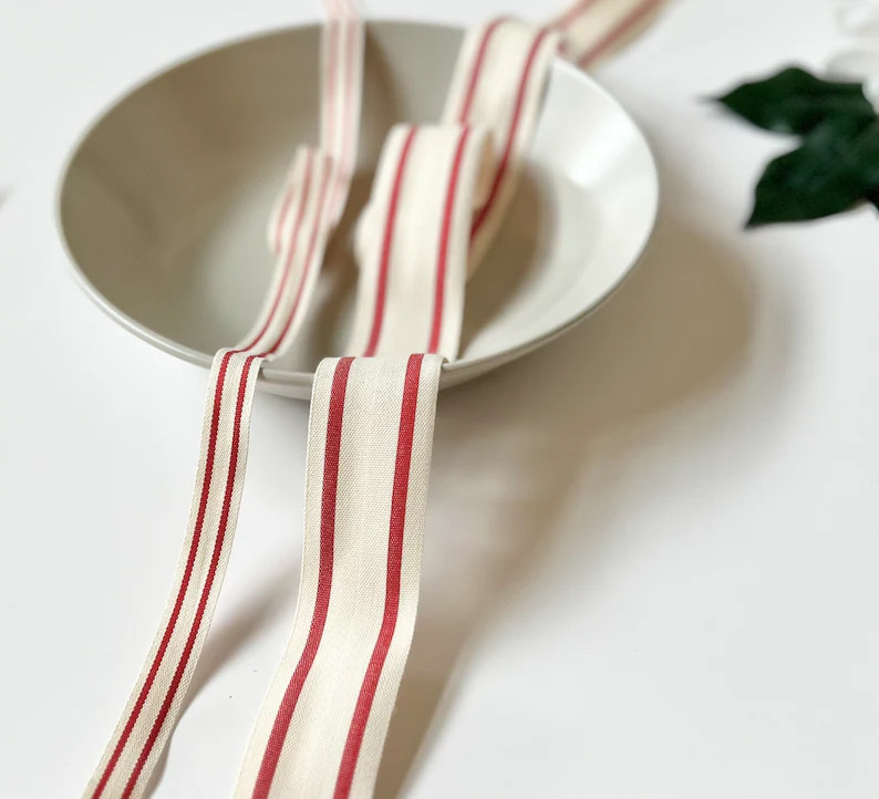 Ivory and Red Striped Cotton Ribbon, 5/8” or 1.5”, by the Yard, Christmas Ribbon for Gift Wra... | Etsy (US)
