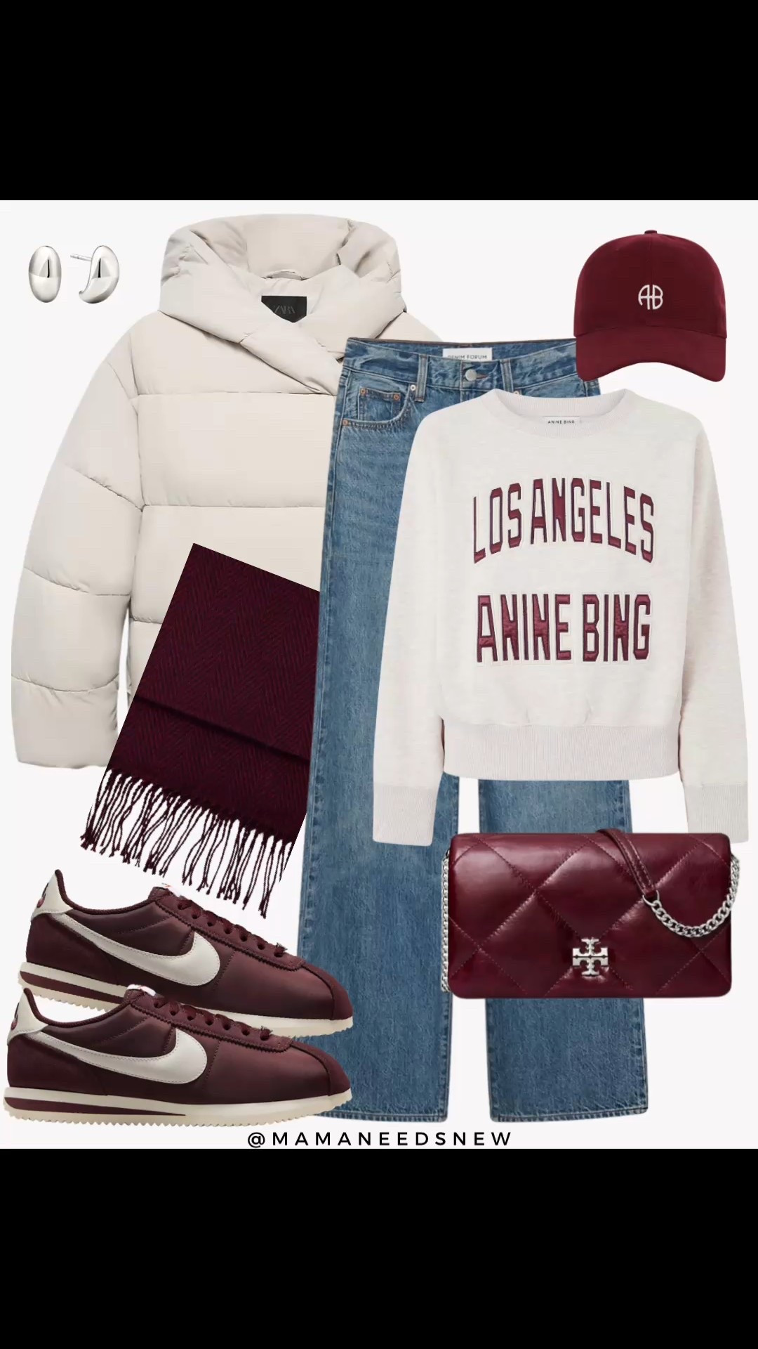 An early winter outfit with a puffer coat, graphic sweatshirt, jeans, sneakers, shoulder bag, scarf and  cap 

#LTKootd #LTKHoliday #LTKSaleAlert