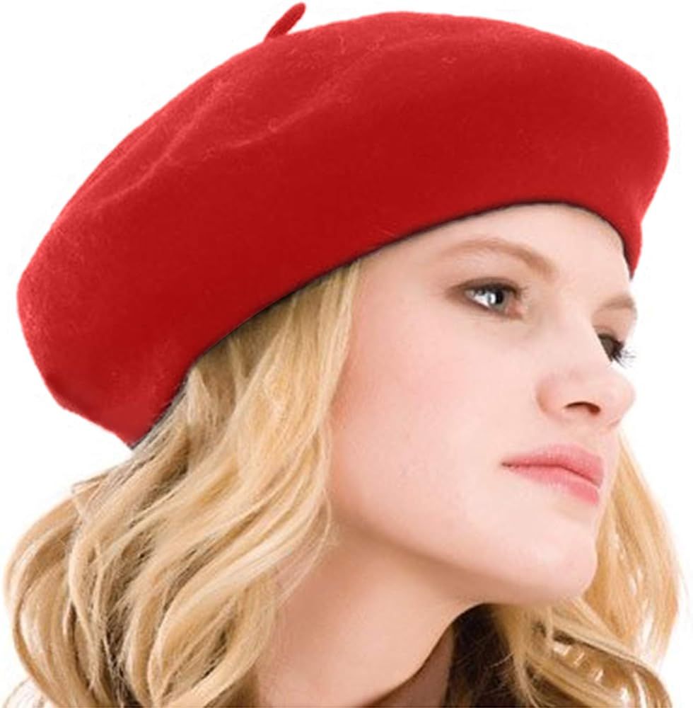Kimming Womens Beret 100% Wool French Beret Solid Color Beanie Cap Hat | Amazon (US)