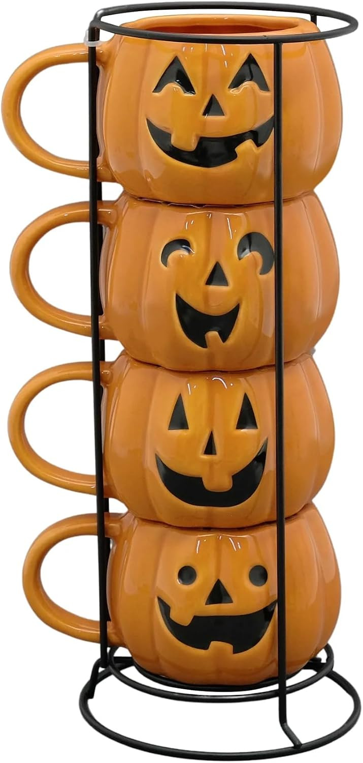 Four-piece Halloween pumpkin stackable cups, ceramic mugs with playful jack-o'-lantern faces, stackable coffee mug set with display stand—perfect for fall, Halloween, and harvest season | Amazon (US)