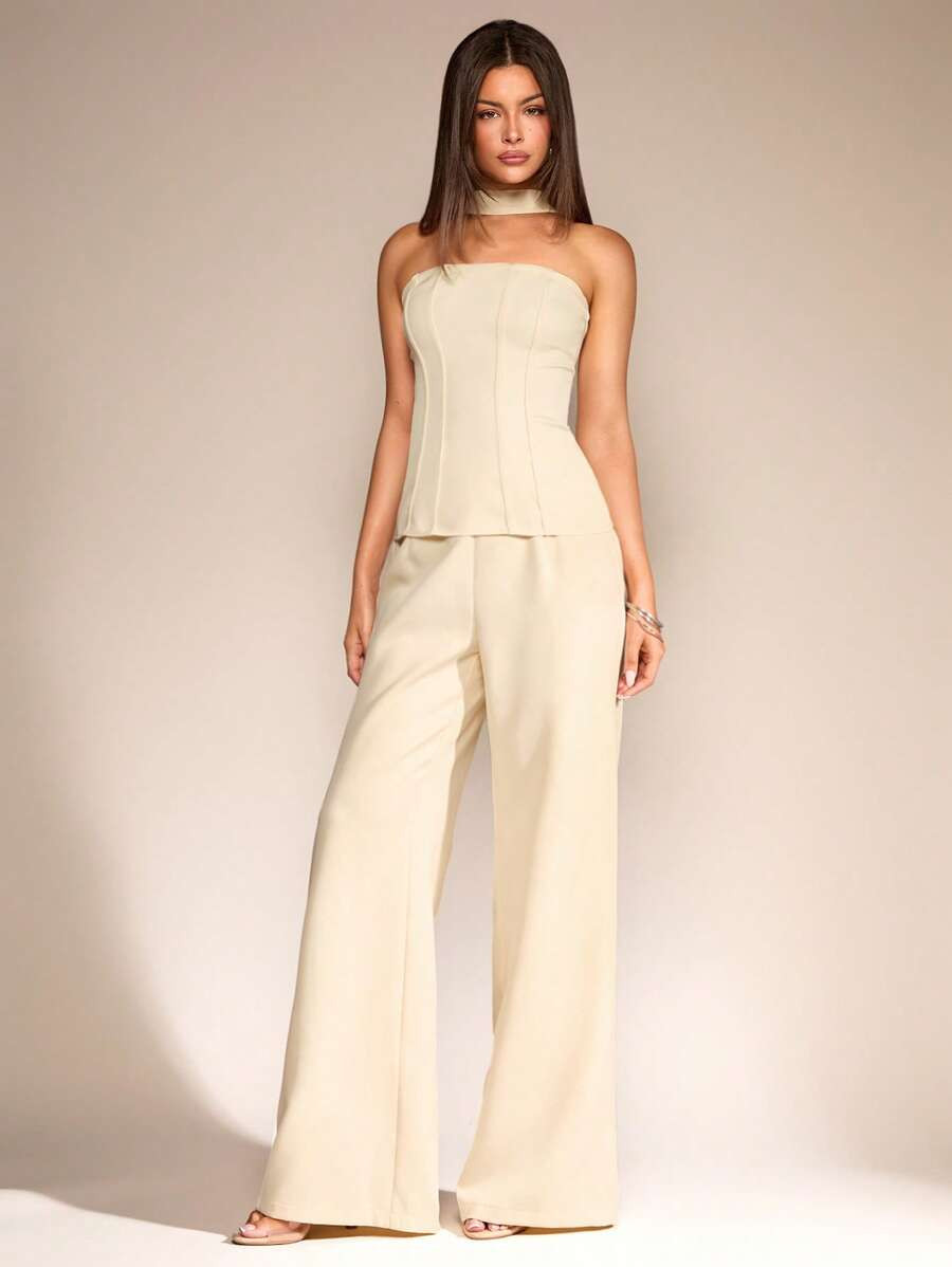 Glamine 2pcs Women Summer Halter Neck Sleeveless Top And Long Pants Set,Office Commuter Aesthetic... | SHEIN