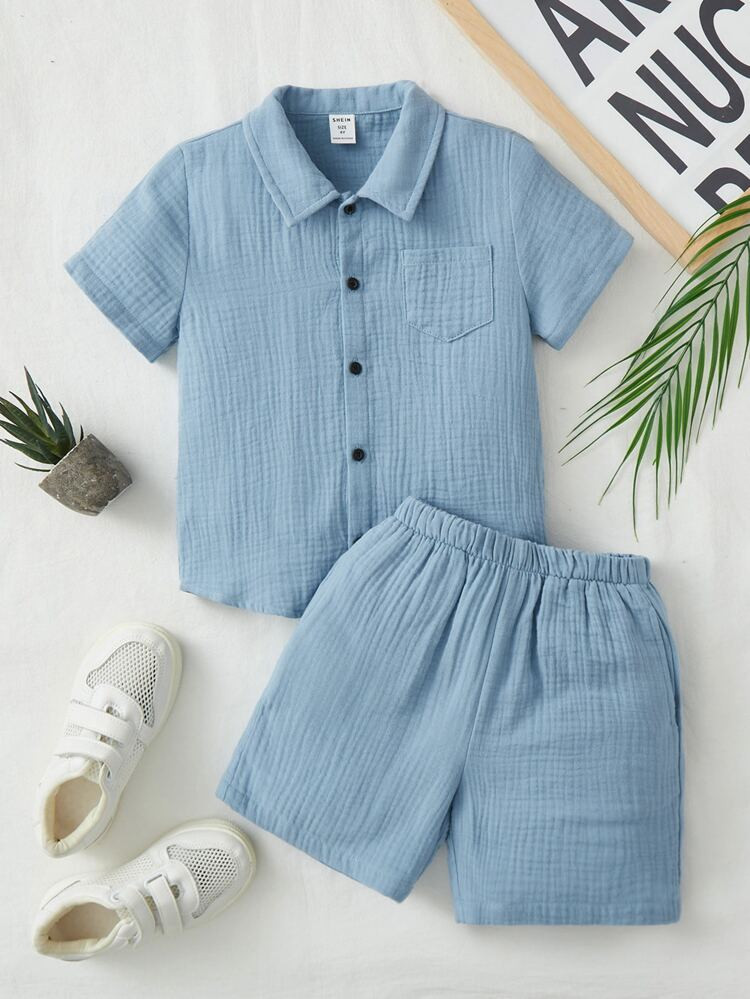 SHEIN Toddler Boys Button Front Shirt & Shorts | SHEIN