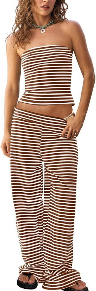 Tankaneo Womens Striped 2 Piece Sets Summer Strapless Crop Tube Tops Wide Leg Pants Matching Loun... | Amazon (US)