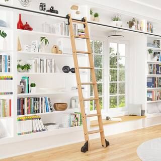 Quiet Glide 8 ft. Red Oak Library Ladder (9 ft. Reach) Black Rolling Hook Ladder Kit with 12 ft. ... | The Home Depot