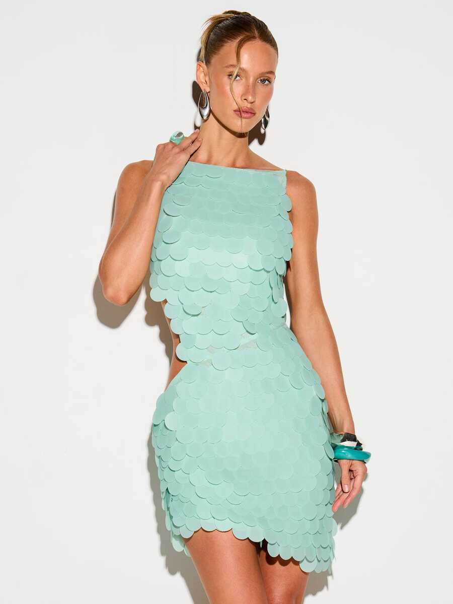 KIZN Turquoise Sequin Mini Dress Halter Neck Sleeveless Bodycon Party Club Night Out Summer Eveni... | SHEIN
