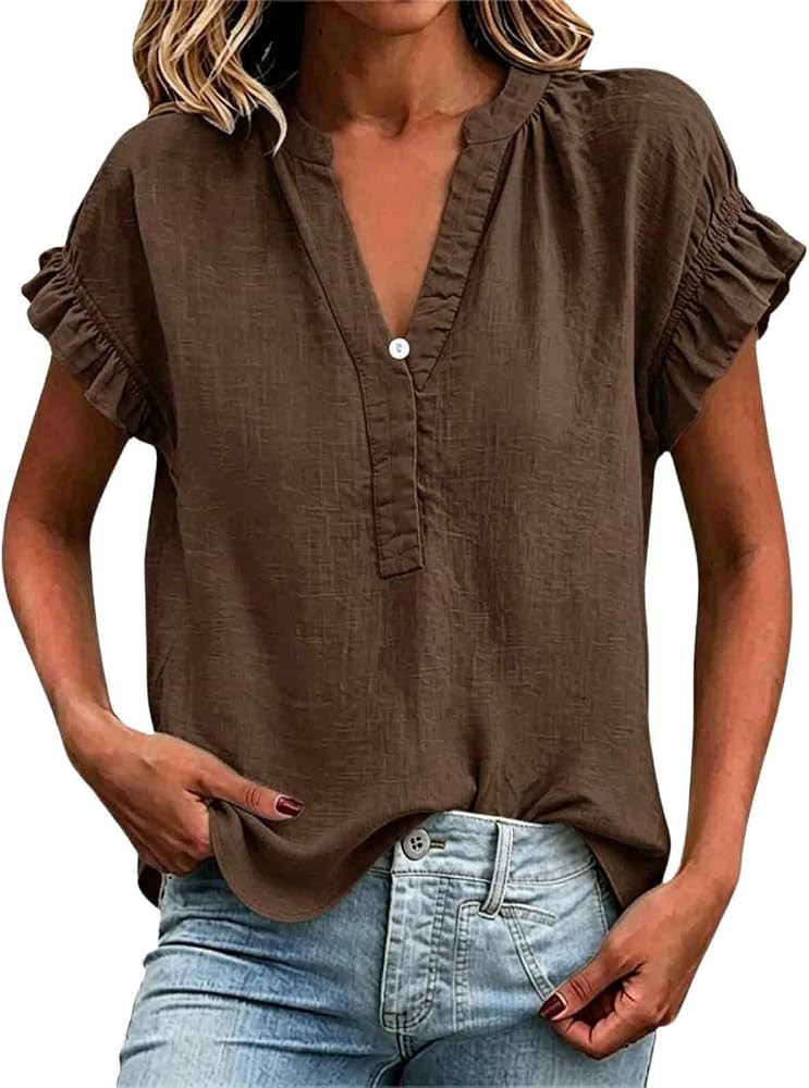 Womens Linen Tops V Neck Short Ruffle Sleeve Gauze Shirts 2026 Dressy Casual Cotton Blouses Summe... | Amazon (US)