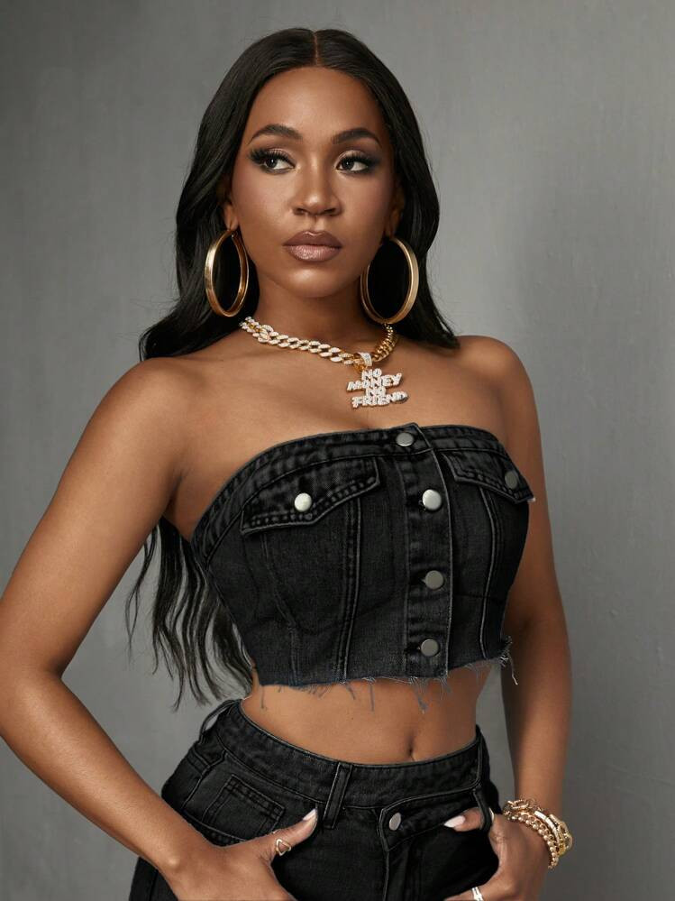 Slaydiva Denim Bustier Top With Button Pockets, Casual Everyday | SHEIN