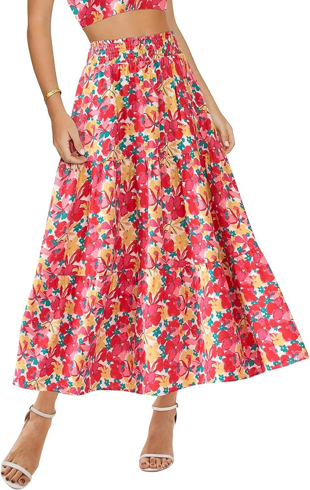BTFBM Women's Floral Print Midi Maxi Skirts 2025 Summer Casual Aline Elastic High Waist Pleated F... | Amazon (US)