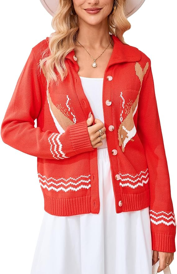 Women Y2K Cardigan Sweater Long Sleeve Button Down Shawl Collar Cute Fish Print Fall Tops Chunky ... | Amazon (US)