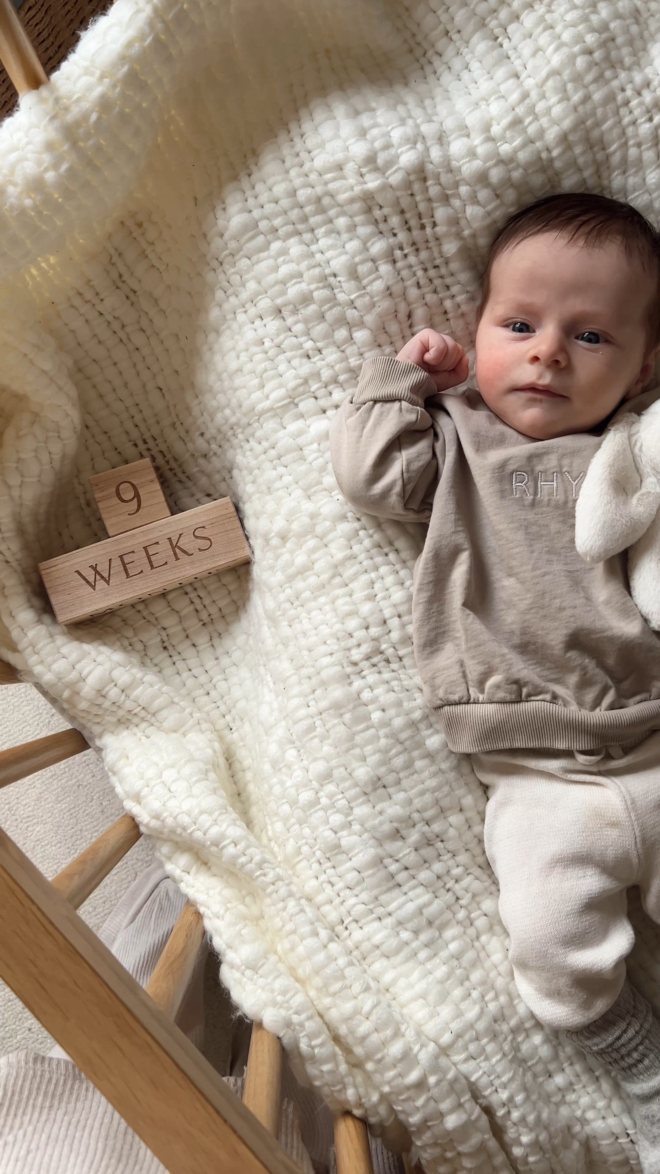 My boy is 9 weeks old and looking extra cute in his embroidered name crew neck and his knit pants with scrunchy socks! I love taking these milestone photos with these sweet blocks! 

#LTKBaby