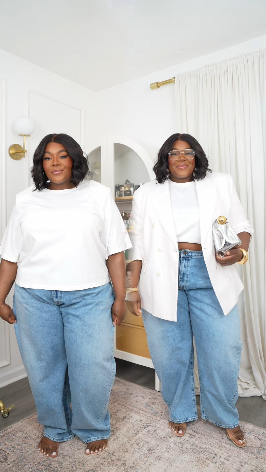 basic white tee + jeans: not styled vs styled 

Size 20 in everything 

Bangles old from Khoi 
Shoes are old Steve Madden 
Bag is Jacqmeus but linked an inspired Amazon look 




#LTKPlusSize #LTKSaleAlert #LTKBeauty