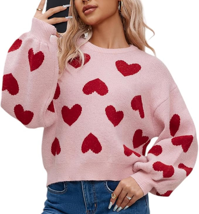 Heart Sweater for Women Love Valentine's Day Knitted Top Casual Long Sleeve Sweater Pullover 2025... | Amazon (US)