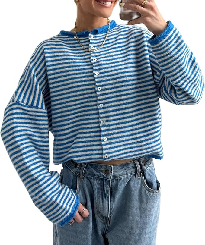 Muineobuka Womens Striped Cardigan Sweater Casual Crew Neck Open Front Button Down Long Sleeve Kn... | Amazon (US)