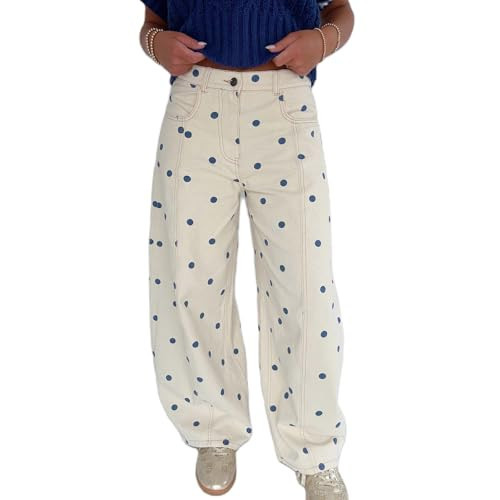Pivanzore Y2K Polka Dot Jeans Women Vintage Stretch Wide Leg Denim Pants Casual Distressed Baggy Boyfriend Jeans with Pockets(Light Blue,Small) | Amazon (US)