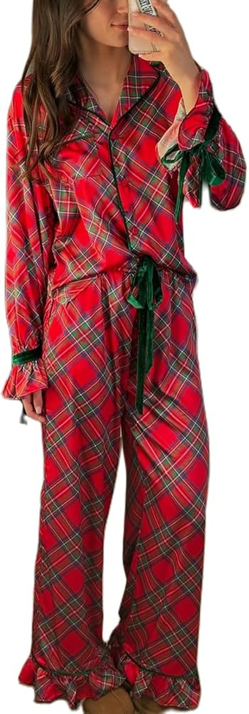 Meiweileya Women Christmas Pajama Sets Satin Silk Santa Cute Long Sleeve Shirts Pants 2 Piece Pjs... | Amazon (US)