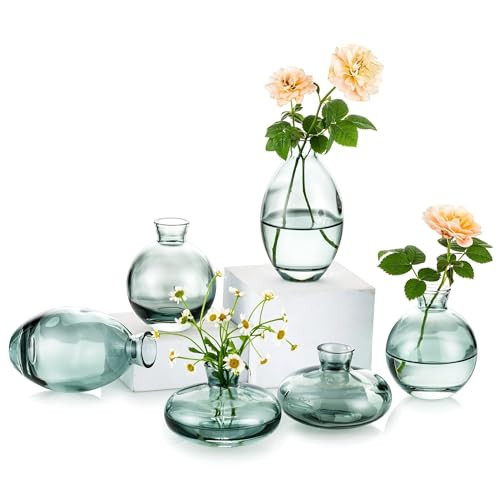 Small Glass Bud Vase for Centerpieces, 6Pcs/2Sets Green Modern Small Mini Flowers Vases Short Minimalist Aesthetic Vintage Cute Handmade Tiny Wedding Table Centerpiece for Single Flower Rose | Amazon (US)