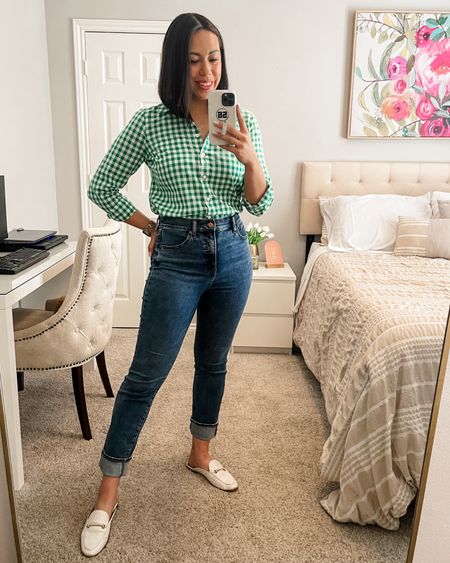 For an elevated causal work from home outfit, I styled my favorite green gingham button down with a medium wash slim jean and white mules.

- Gingham Button Down: Size Medium 
- Medium Wash Slim Jeans: Size 6
- White Mules: Size 8 1/2 - Sized Up 1/2 Size

#LTKstyletip #LTKSeasonal #LTKworkwear
