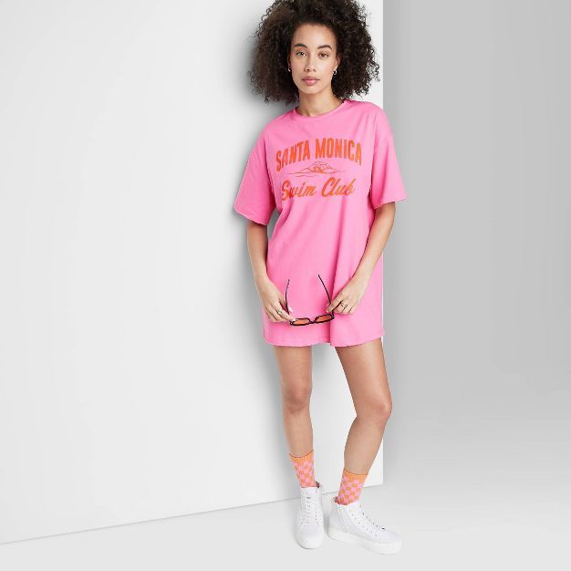 Women's Ascot + Hart Santa Monica Surf Club Short Sleeve Graphic Boyfriend T-Shirt Dress - Pink | Target