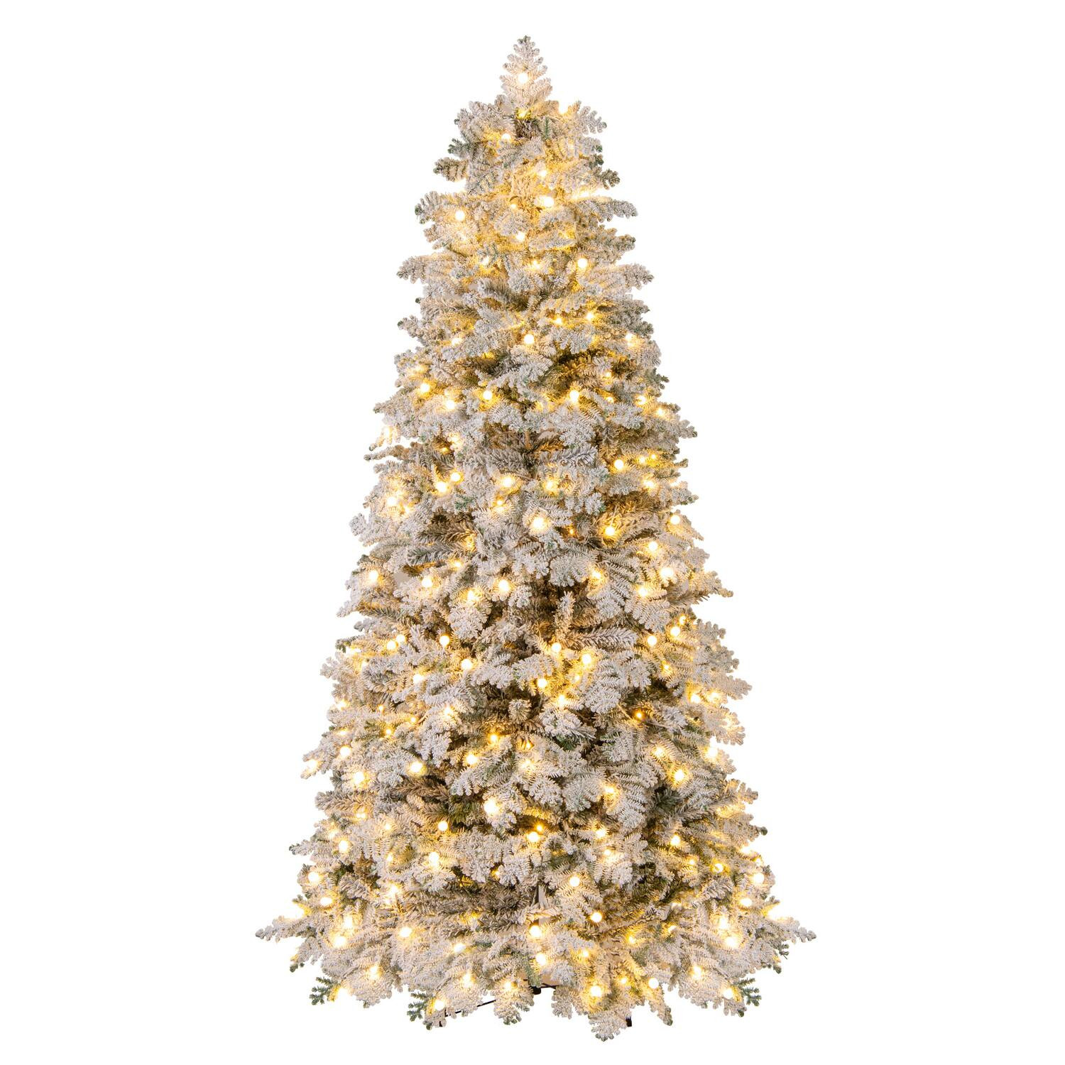Gymax - 7 FT Pre-Lit Artificial Christmas Tree Hinged Snow Flocked Xmas Tree w/ 806 Mixed Branch Tips - Green, White | Best Buy U.S.