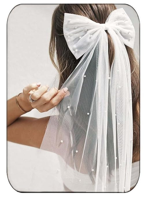 Wedding Bow-Knot Veil White Pearl Hair Clip Tulle Bridal Short Veils Bachelorette Party Hair Acce... | Amazon (US)