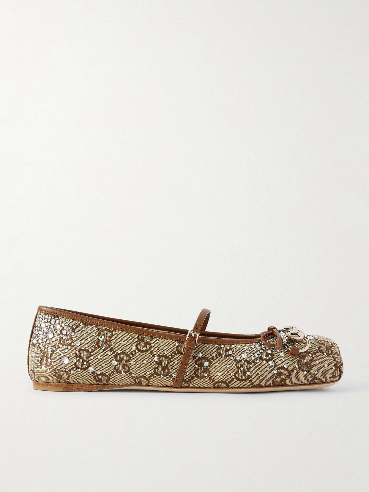 Gucci - Horsebit Ballerina Leather-trimmed Crystal-embellished Canvas-jacquard Flats - Brown | NET-A-PORTER (US)