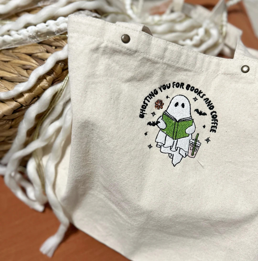 Ghosting You for Books and Coffee- Embroidered Washed Canvas Tote Bag With Side Pockets, Book Bag... | Etsy (US)