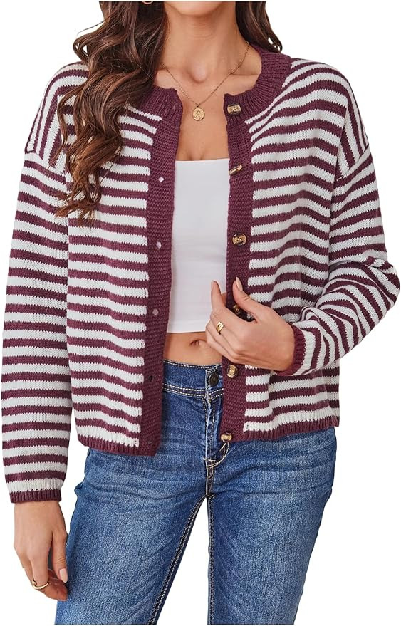 GORGLITTER Women's Striped Button Up Fall Cropped Cardigan Cozy Knitwear | Dressy Cardigan Women,... | Amazon (US)