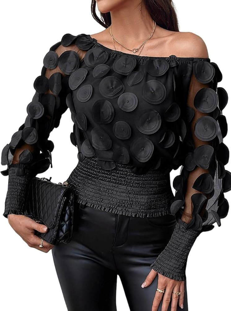 UOOZEE Women's Long Sleeve Mesh Top Off Shoulder Sheer Blouse See Through Tops | Amazon (US)