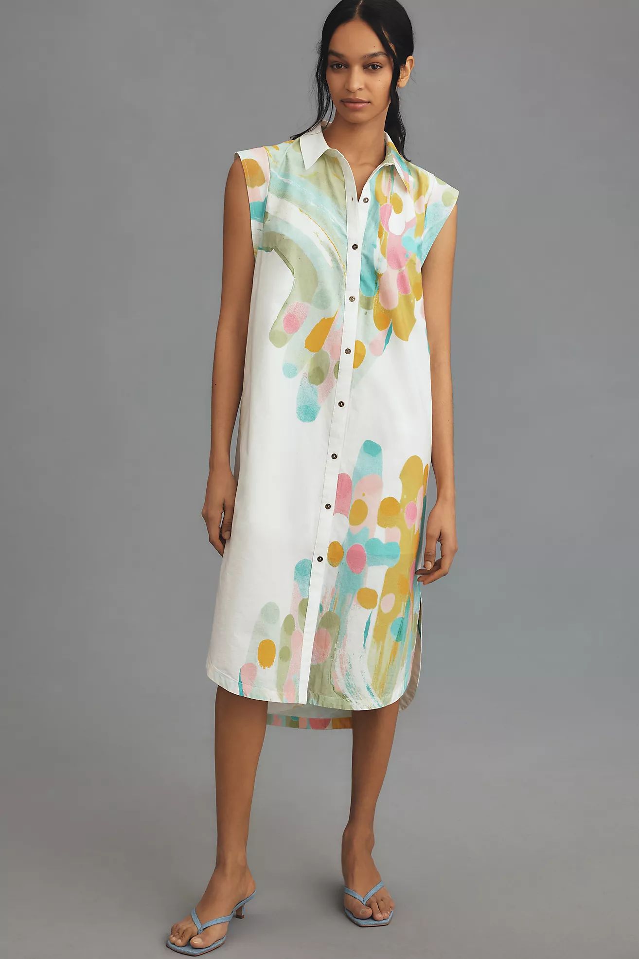 Maeve Cap-Sleeve Floral Button-Front Midi Dress | Anthropologie (US)