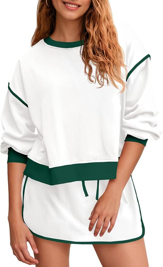 Fisoew Womens Sweatsuits 2 Piece Set Crewneck Sweatshirts High Waisted Skort Skirts Tennis Runnin... | Amazon (US)