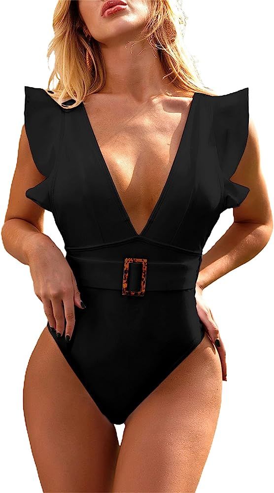 Avanova Women's One Piece Swimsuit Ruffle Deep V Neck Strappy Swimwear Bathing Suits | Amazon (US)